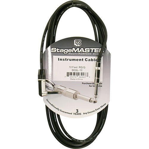 StageMASTER 1/4" Male to 1/4" Male Instrument Cable - 10' Angle