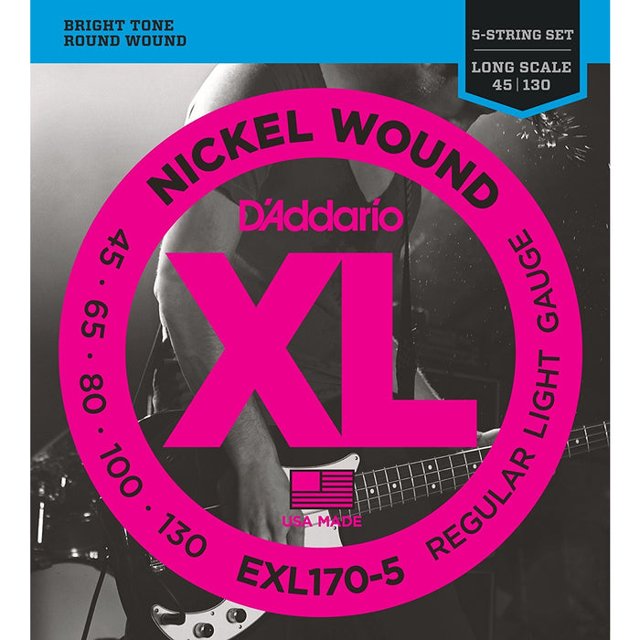 D'Addario EXL170-5 5-String Nickel Wound Bass Guitar Strings, Light, 45-130, Long Scale